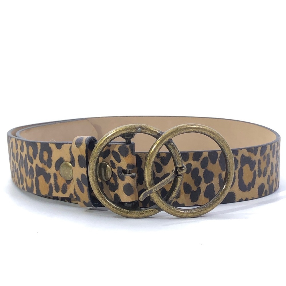 Womens Distressed Gold Textured Brown Tan Leopard Doubler Circle Buckle Belt NEW